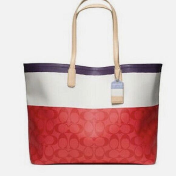 Coach Monogram Red White Striped Canvas Lightweight Top Handle Tote Weekend Bag - Picture 1 of 10
